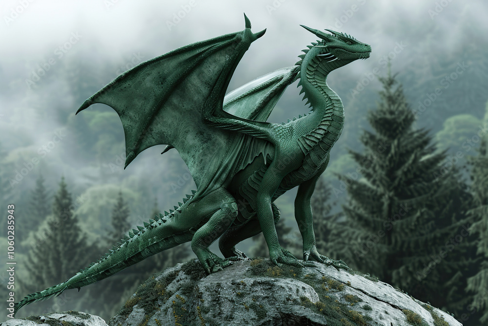 Fototapeta premium Fantastically beautiful mythological dragon with wide wings