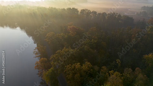 Milickie Ponds at sunrise, bird's eye view, Lower Silesian Voivodeship, Poland photo