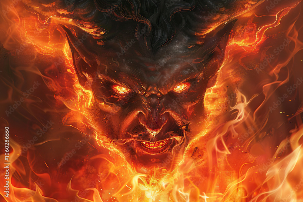 Scary sinister devil is in hell with dramatic fire lighting on the background Scary sinister devil is in hell with dramatic fire lighting on the background