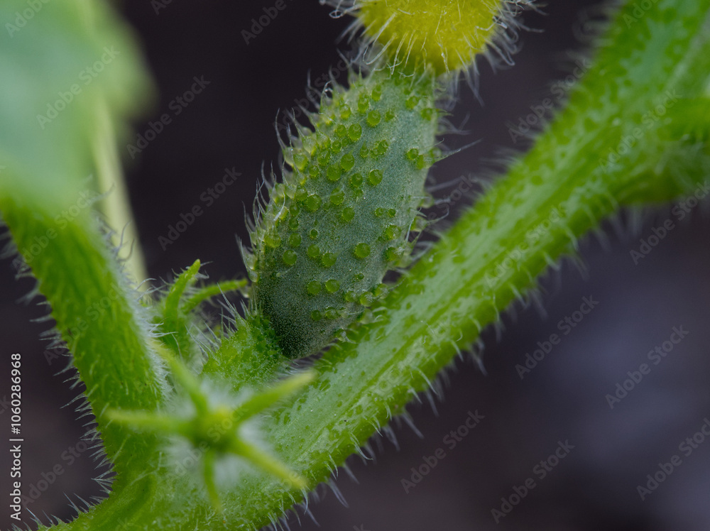 Naklejka premium A small cucumber growing on its plant with a dark background