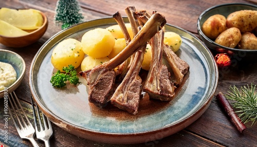 Pinnekjøtt  lamb ribs, traditionally salted and dried. Particularly popular at Christmas, served with potatoes and kohlrabi puree.