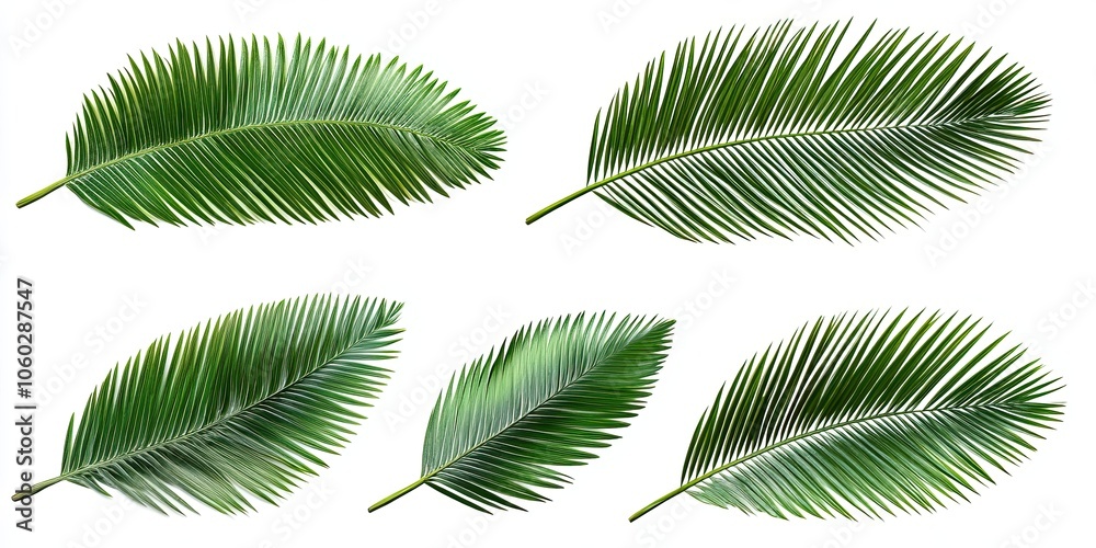 Fototapeta premium Isolated palm leaves, a tropical design element, appear vibrant and lush. Green foliage offers natural beauty. Exotic botanical fronds enhance decorative displays. Perfect for nature lovers embracing