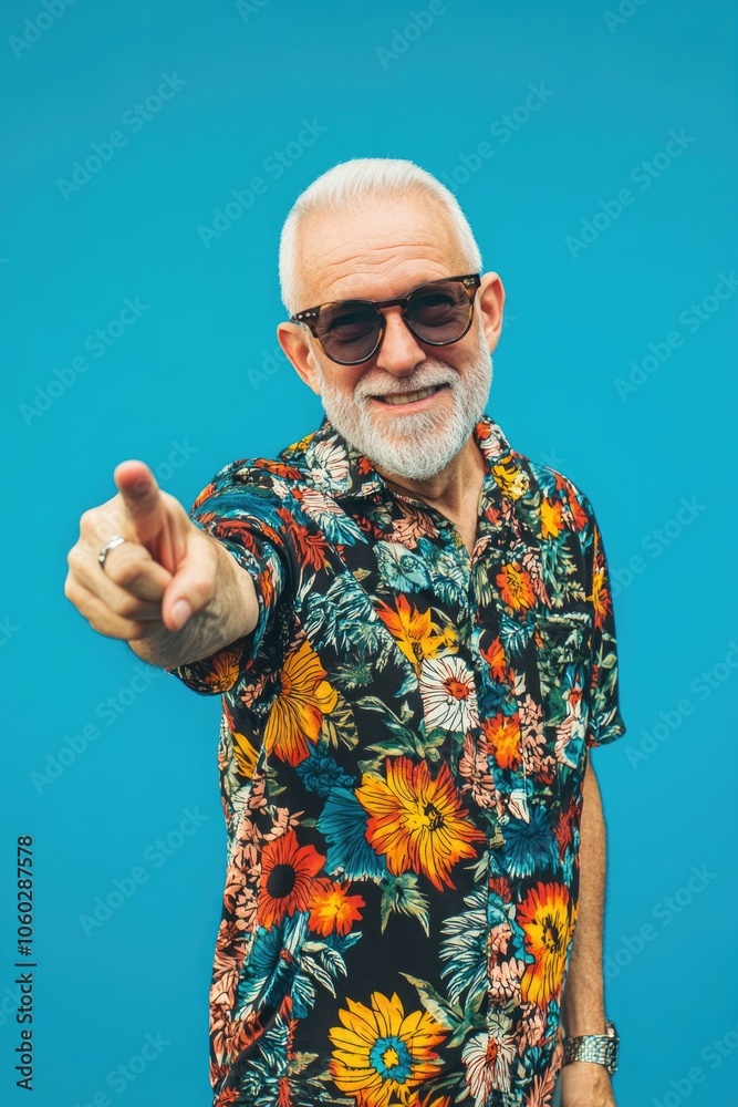 Naklejka premium Middle-aged man with white beard and glasses, wearing a patterned shirt and sunglasses, pointing to his right.