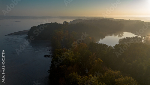 Milickie Ponds at sunrise, bird's eye view, Lower Silesian Voivodeship, Poland photo