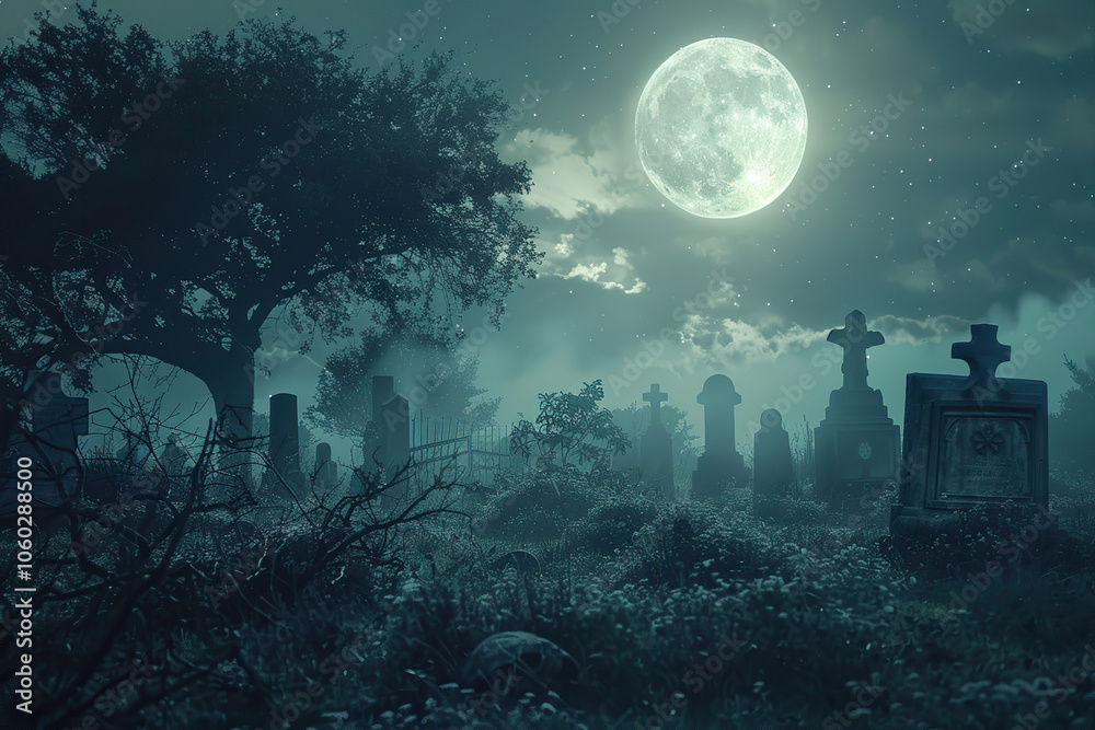 Fantastically mysterious cemetery with tombstones and scary atmosphere Fantastically mysterious cemetery with tombstones and scary atmosphere