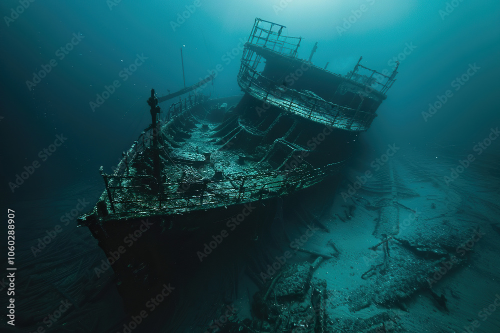 Fototapeta premium Underwater view of an sunken ship on seabed with fish swimming around