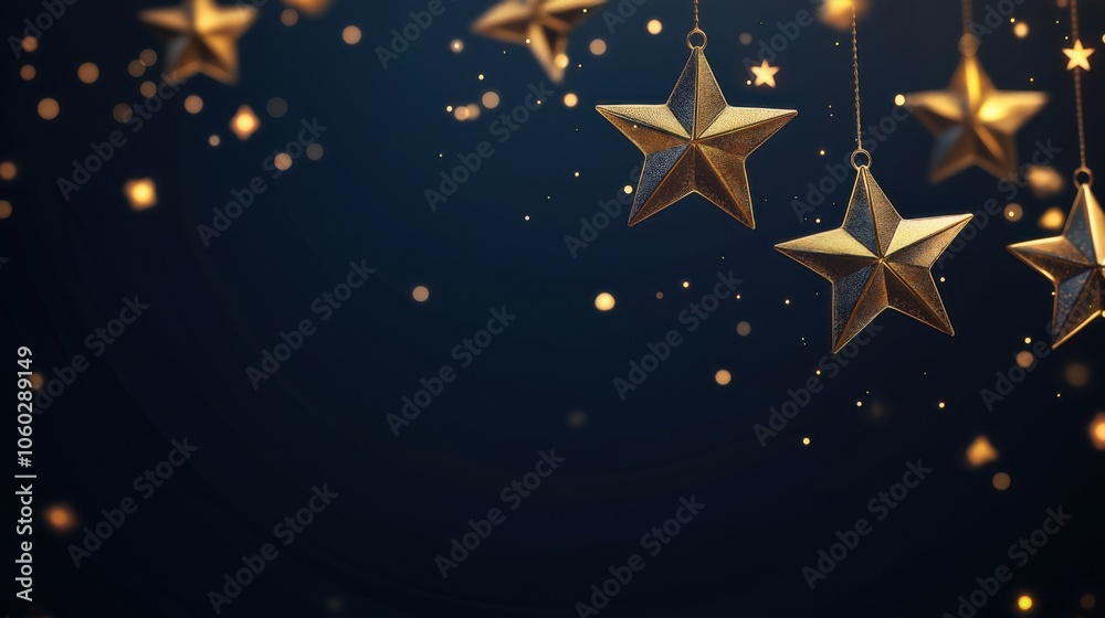 Golden stars hanging against a dark background with shimmering lights, creating a festive atmosphere during the holiday season Golden stars hanging against a dark background with shimmering lights, creating a festive atmosphere during the holiday season