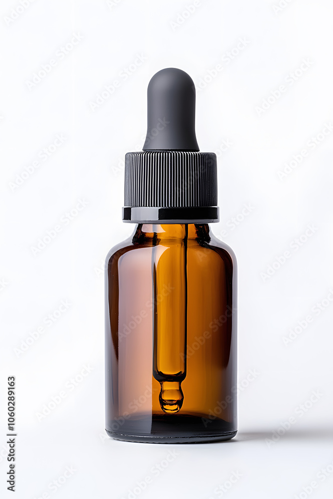 Essential oil in amber dropper bottle mock up isolated on white background. Essential oil in amber dropper bottle mock up isolated on white background.