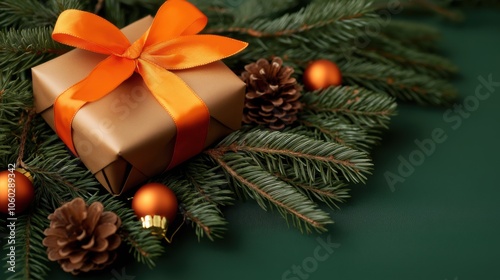 A beautifully wrapped gift with an orange ribbon sits among pine branches and festive ornaments during the holiday season