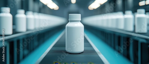 A white bottle travels along a production line in a modern industrial facility, highlighting the intricacies of manufacturing and packaging processes in the pharmaceutical sector