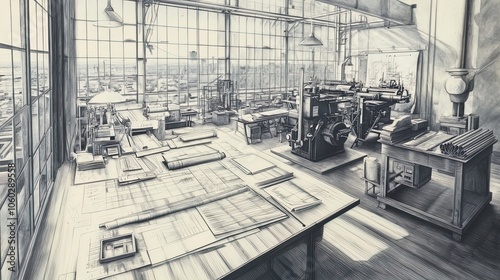 Nostalgic Printing Workshop: Vintage Printing Presses and Rustic Charm - Perfect Poster for Artistic Interiors and Creative Spaces