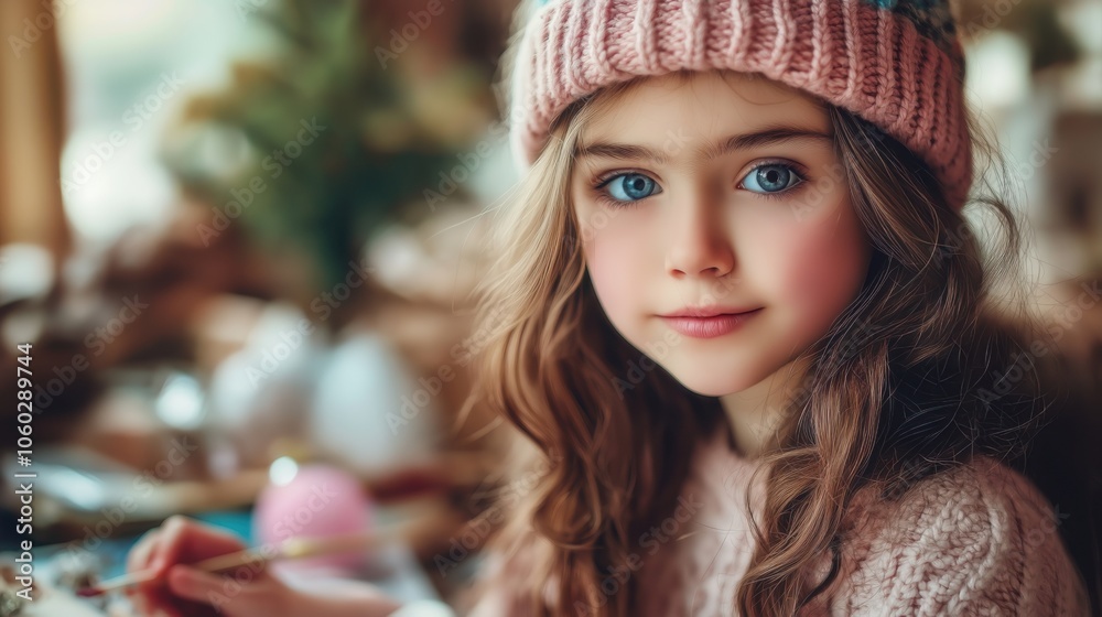 A young girl with blue eyes wearing a cozy knitted hat enjoys a creative activity indoors during winter A young girl with blue eyes wearing a cozy knitted hat enjoys a creative activity indoors during winter