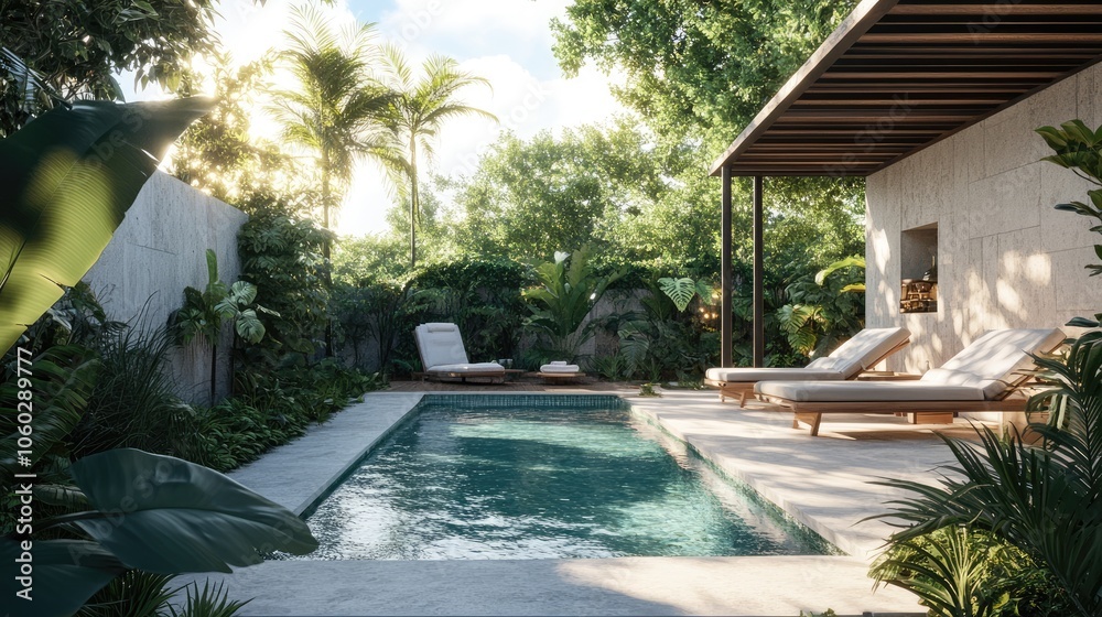 Fototapeta premium Realistic render of a luxury backyard with a pristine pool, elegant sundeck, and comfortable chaise lounges. The design incorporates a vibrant garden and a contemporary pergola