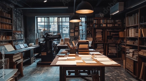 Nostalgic Printing Workshop: Vintage Printing Presses and Rustic Charm - Perfect Poster for Artistic Interiors and Creative Spaces