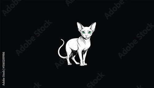  Sphynx Cat Image, Circle Design, Black Background, White Outline, Unique Hairless Cat Illustration, 