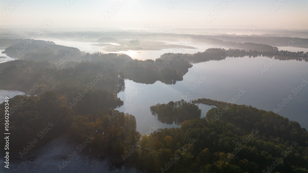 Milickie Ponds at sunrise, bird's eye view, Lower Silesian Voivodeship, Poland Milickie Ponds at sunrise, bird's eye view, Lower Silesian Voivodeship, Poland