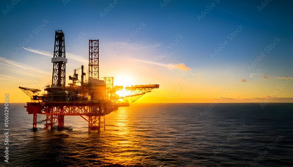 Offshore oil rig drilling platform at sunset. Oil and gas platforms north sea Offshore oil rig drilling platform at sunset. Oil and gas platforms north sea