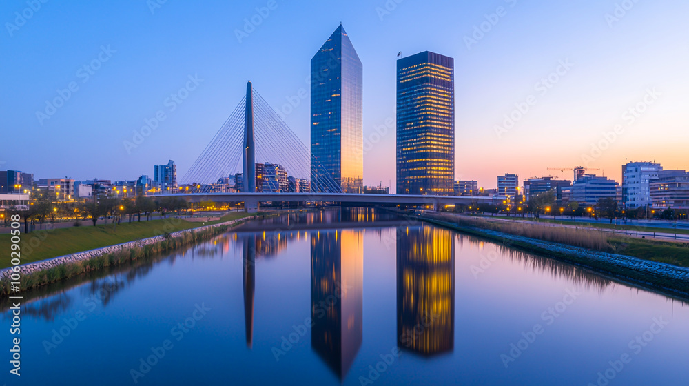 Naklejka premium Modern Cityscape at Twilight with River Reflection