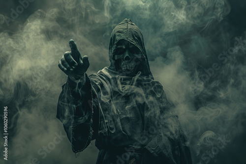 Scary grim reaper with scythe in hell on dark background with dramatic background