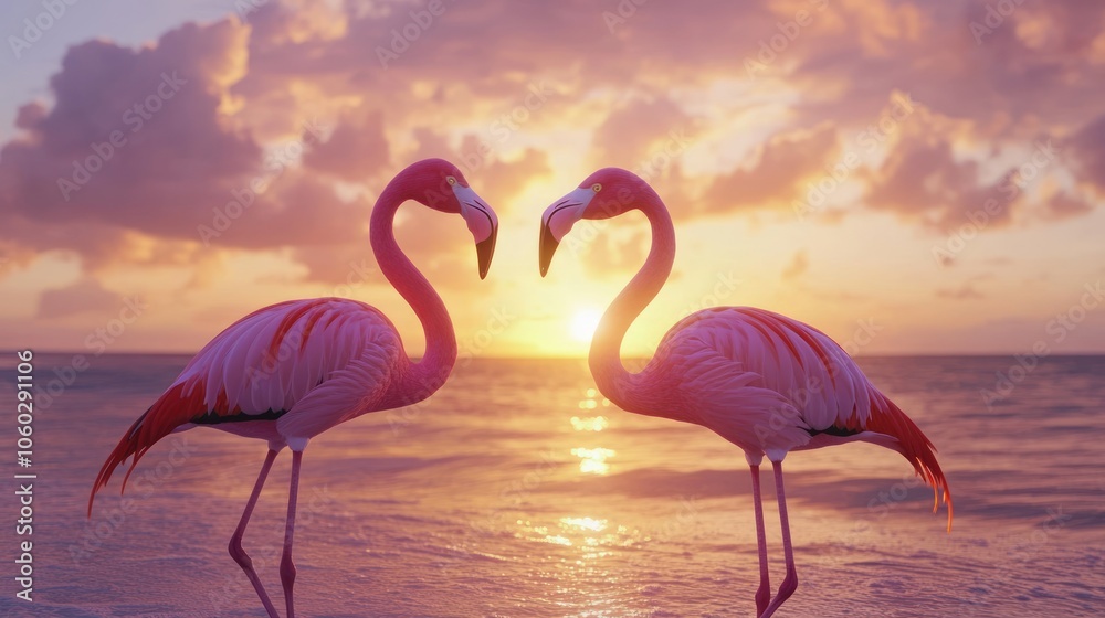Naklejka premium Two pink flamingos stand facing each other with their necks forming a heart shape in front of a colorful sunrise over the ocean.