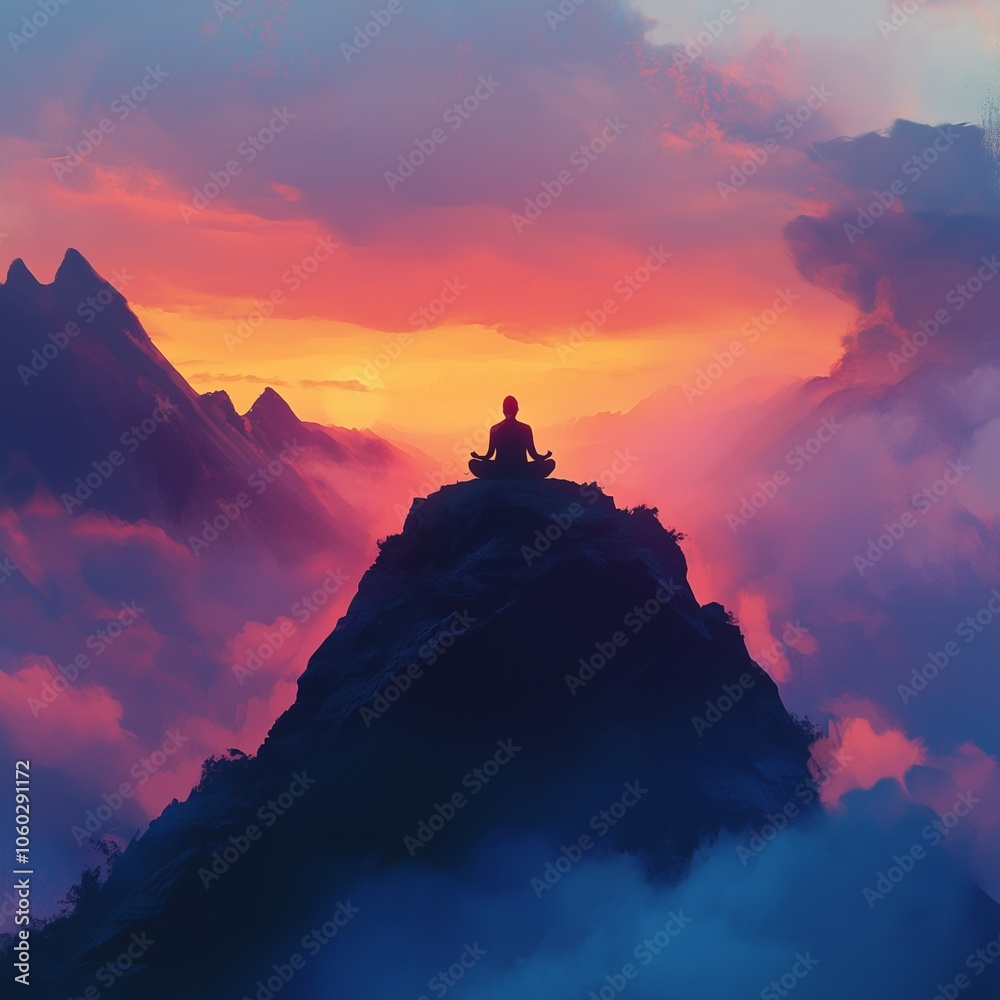 Silhouette of a person meditating in lotus pose on a mountaintop at sunrise, surrounded by vibrant clouds and peaceful atmosphere. Silhouette of a person meditating in lotus pose on a mountaintop at sunrise, surrounded by vibrant clouds and peaceful atmosphere.