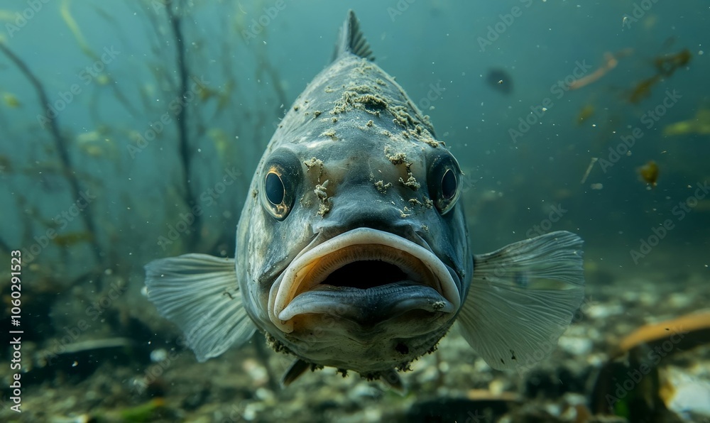 Obraz premium Fish stares with open mouth underwater.