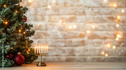 festive scene featuring Christmas tree and menorah, celebrating both holidays photo