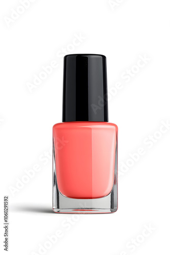 Coral pink nail polish bottle, isolated on white background