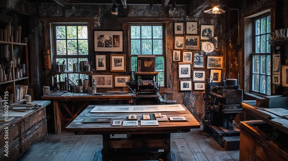 Explore the Charm of a Quaint Printmaking Studio: A Stunning Poster for Art Lovers, Featuring Industrial Printing Presses and Captivating Artisan Prints that Celebrate Craft History Explore the Charm of a Quaint Printmaking Studio: A Stunning Poster for Art Lovers, Featuring Industrial Printing Presses and Captivating Artisan Prints that Celebrate Craft History