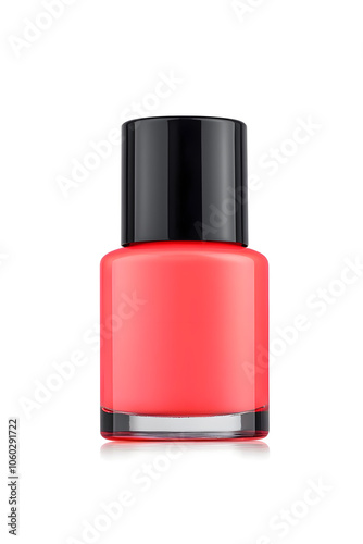 Coral pink nail polish bottle, isolated on white background
