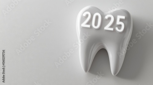 A dental tooth model featuring the year 2025 on a smooth, neutral background, representing future advancements in oral health