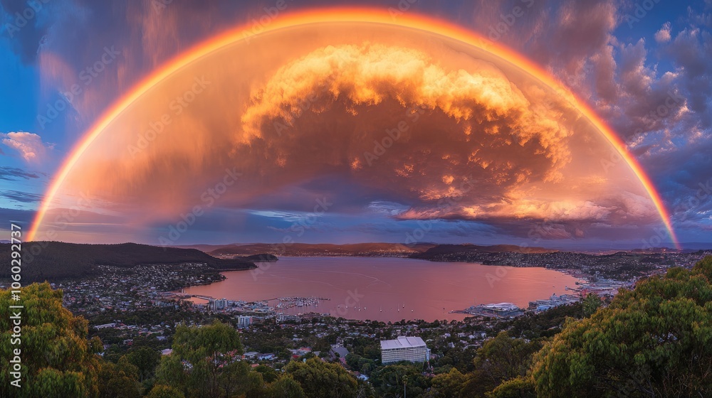 Vibrant Rainbow Over Serene Lake Landscape