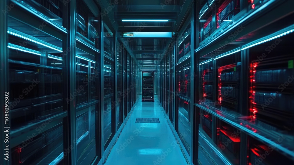 Obraz premium Futuristic Server Room with Blue and Red Lighting