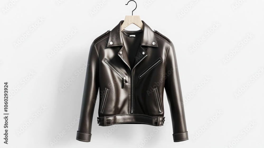 Naklejka premium Realistic 3D render of a woman holding a leather jacket on a hanger, front view, isolated on a white background