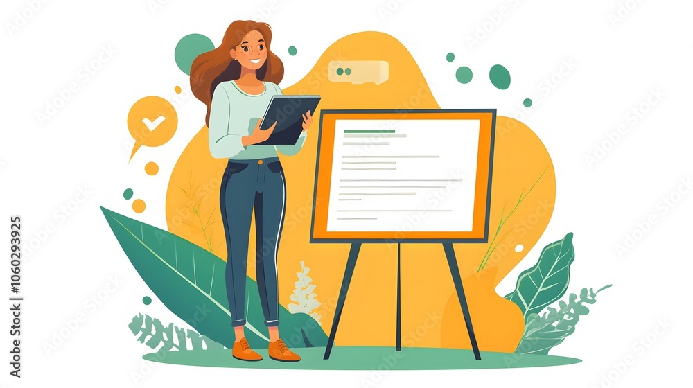 Fototapeta premium Woman presenting a business plan on a whiteboard.