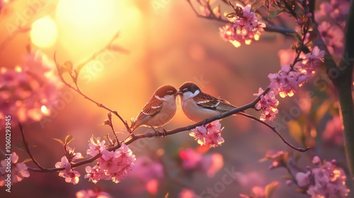Two birds perched on a branch of a cherry blossom tree at sunset, kissing.