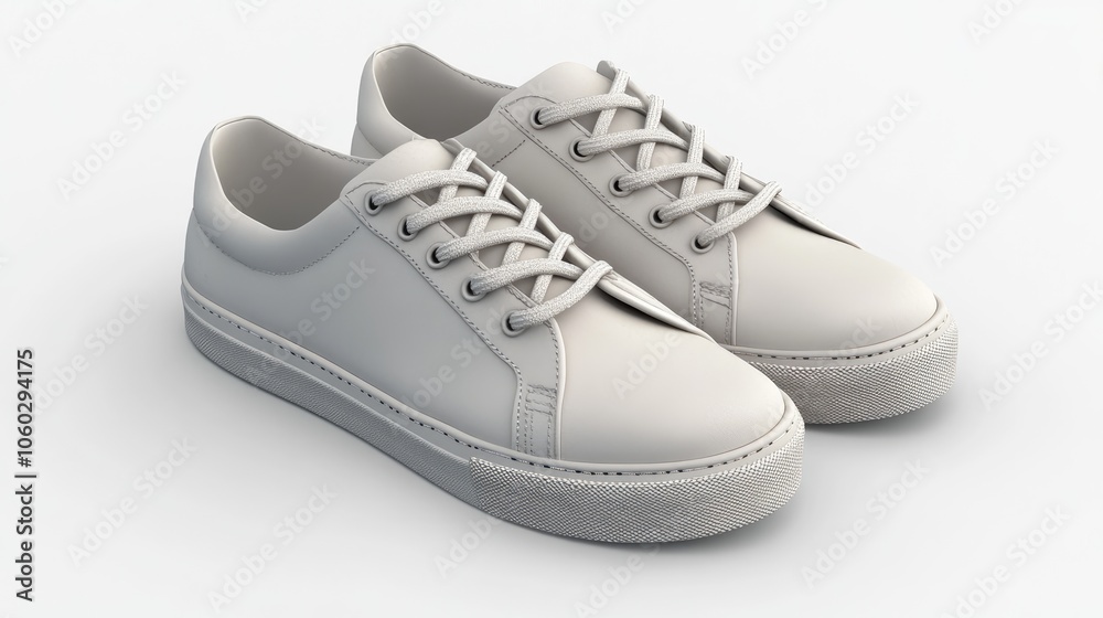 Realistic 3D render of a pair of sneakers, showcasing detailed laces and a soft, textured surface, positioned on a clean white background. Realistic 3D render of a pair of sneakers, showcasing detailed laces and a soft, textured surface, positioned on a clean white background.