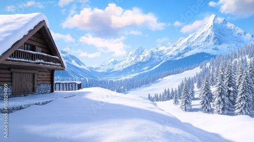 Charming wooden chalet in the snowy Alps with breathtaking mountain views on a bright winter day photo