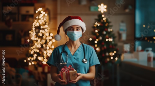 A healthcare worker in scrubs and a Santa hat holds a gift amidst festive decorations and Christmas trees in a hospital setting photo