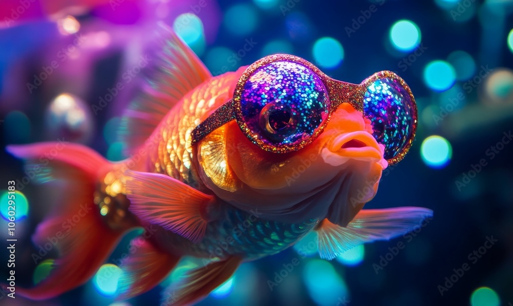 A goldfish wearing sparkly sunglasses. A goldfish wearing sparkly sunglasses.