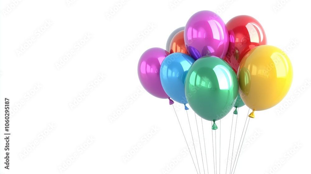 Realistic 3D render of a set of vibrant, colorful balloons tied together with strings, floating gently against a clean white background. 