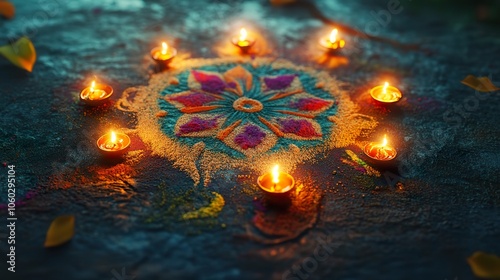 A vibrant rangoli design made with colored powders and diyas glowing warmly around it photo