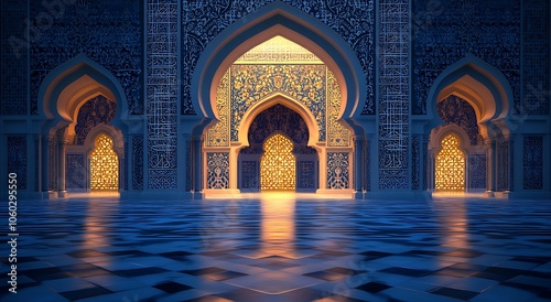 A glowing blue mosque door with arabesque patterns is open, illuminated by candles on the floor and light coming from inside. There is an empty space in front of it. 