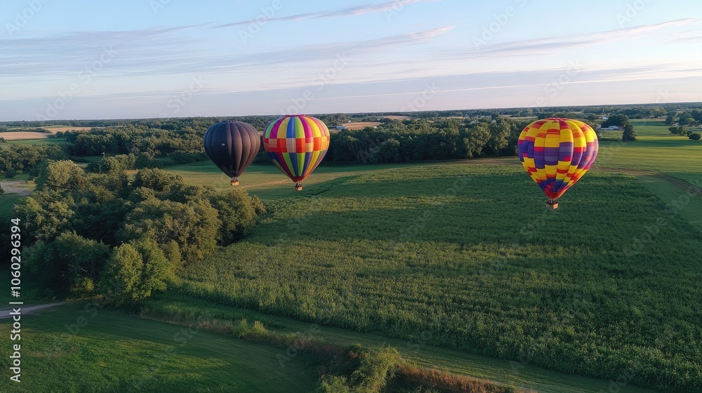 Obraz premium Colorful Hot Air Balloons Over Green Landscape