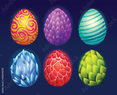 Set of six dragon eggs with unique colors and textures, glowing vibrantly. Vector cartoon illustration