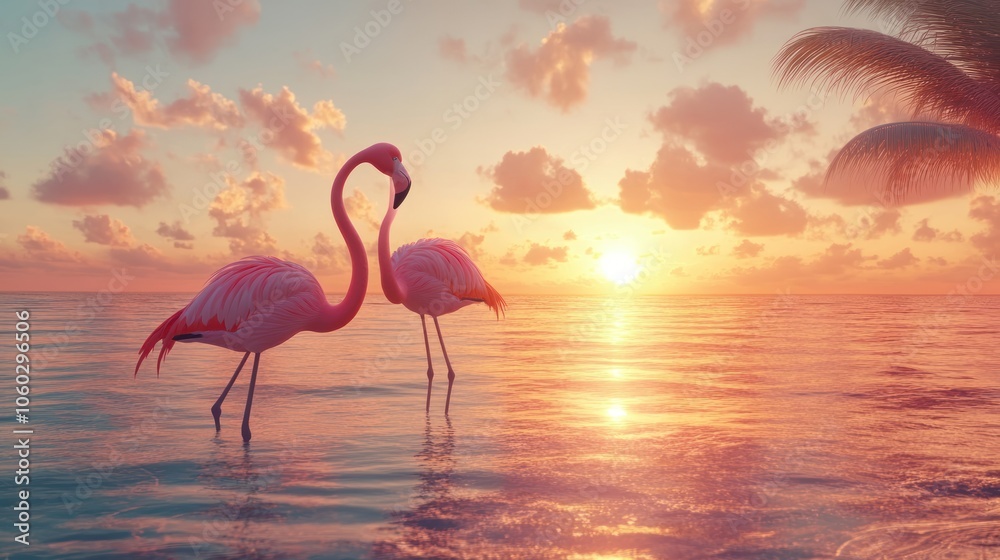 Fototapeta premium Two pink flamingos stand in shallow water at sunrise, with a palm tree in the background.