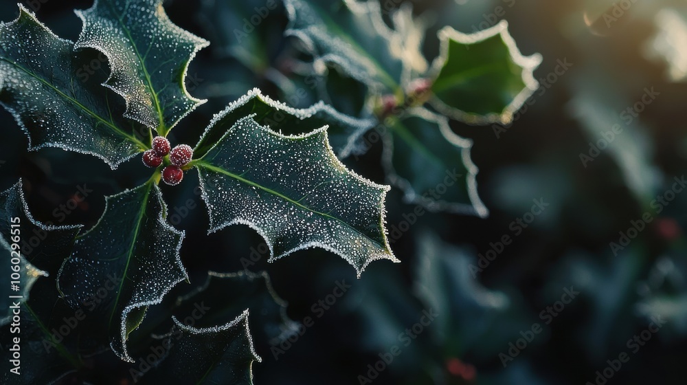 Fototapeta premium A close-up of holly leaves covered in frost glistening in the soft light of a winter solstice morning. The detailed texture and natural beauty make this image ideal for winter-themed promotions