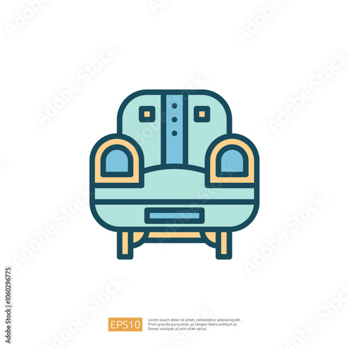 A simple, stylized illustration of a comfortable armchair in light blue and brown tones, designed for leisure and relaxation.