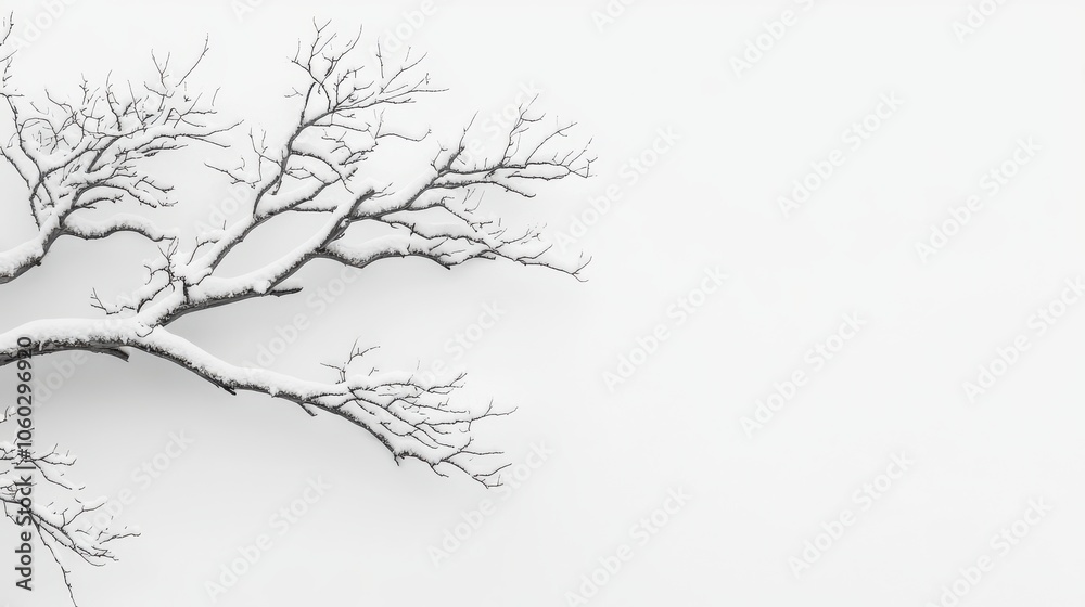 Fototapeta premium Snow-covered tree branches forming gentle curves against a smooth white background creating a minimalist winter scene with room for text