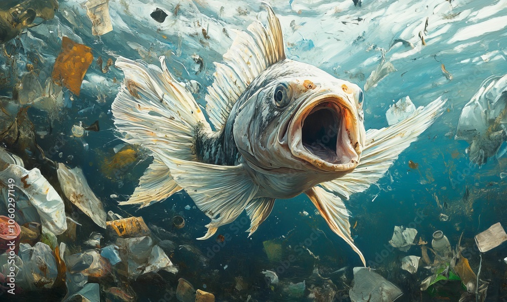 Obraz premium Fish trapped in plastic pollution.